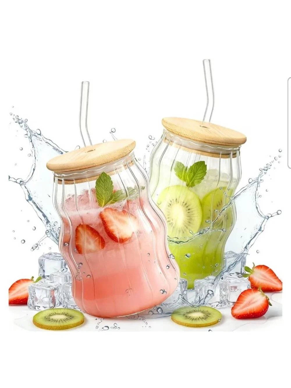 Glass Tumbler Set W/Bamboo Lid Glass Straw & Brush 16oz Reusable BPA-Free